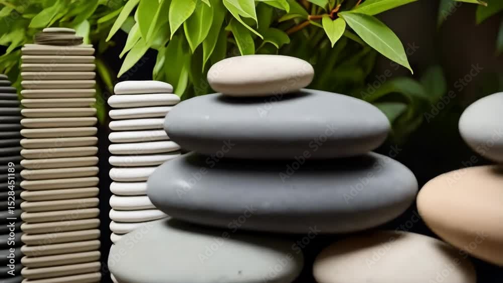 Stacks of smooth pebbles in neutral tones create a calming composition with greenery in the background Stacks of smooth pebbles in neutral tones create a calming composition with greenery in the background