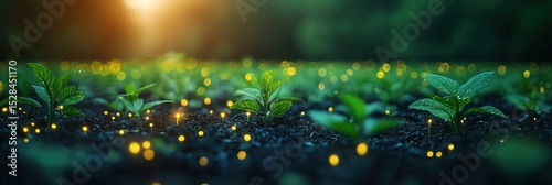 A close-up of young green plants growing in dark soil with sparkling yellow bokeh lights, symbolizing smart farming and technological growth.