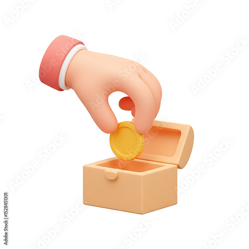 Stylized Hand Placing Golden Coin into Open PeachColored Treasure Chest