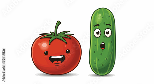 Happy Tomato and Surprised Cucumber Cartoon Characters