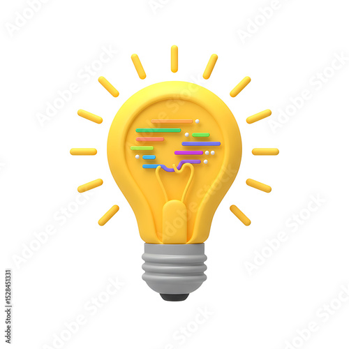 Stylized Lightbulb with Colorful Lines and Spheres Inside Radiating Yellow Rays