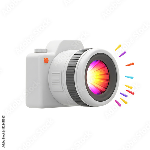 Stylized White Camera with Rainbow Lens Flare and Colorful Accents