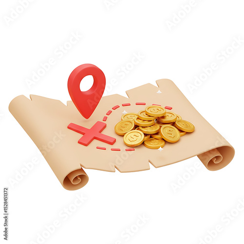 Stylized Treasure Map with Red Marker and Gold Coins Rolled Edges