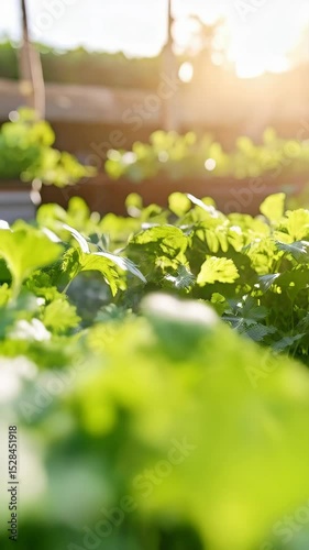 Wallpaper Mural Close-up view of fresh green coriander plants growing in the garden bed, with sunshine creating a warm, organic and vibrant atmosphere. Torontodigital.ca