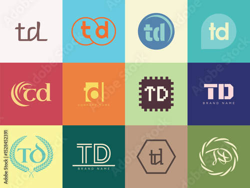 TD logo company template. Letter t and d logotype. Set different classic serif lettering and modern bold text with design elements. Initial font typography.