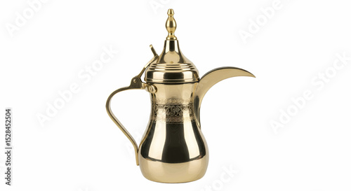 A shiny gold metal kettle. It features an ornate engraved pattern, a curved spout, and a rounded handle, highlighting fine details and light reflections against a white background. Vector