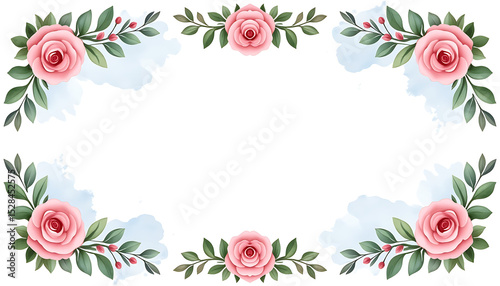 Watercolor pink rose and leaf border on a white background.