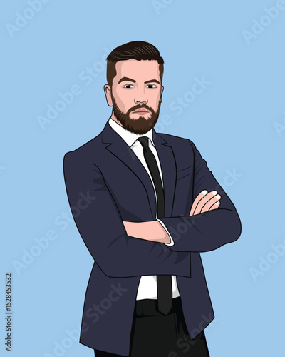 Confident corporate beard professional man with a black suit and tie cartoon vector illustration