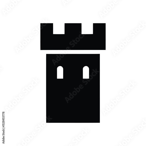 Simple black and white illustration of a castle tower with crenellations.