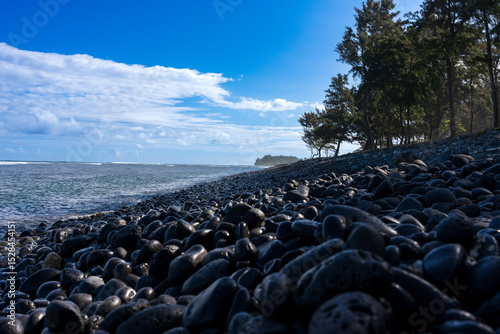 a pebbled beach with blue skies