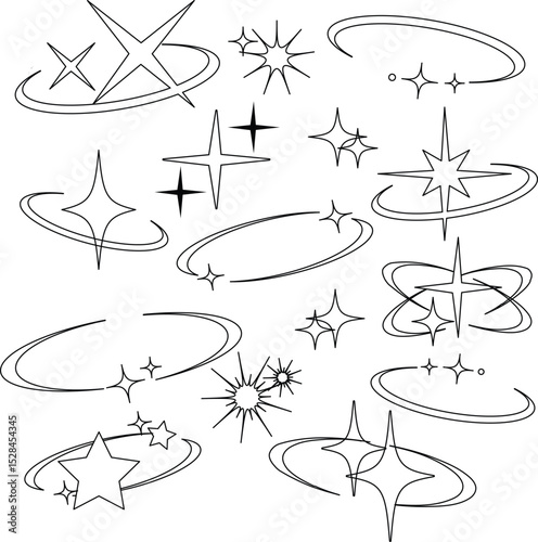 Minimal Star and Swirl Line Art Icons Collection – Celestial Tattoo Style Elements
