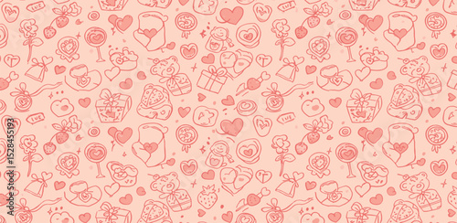 Seamless vector banner with romantic doodle drawings in line art style. Coquette background for valentine's day, wedding, dating event. Cute banner texture with outline whimsical illustrations