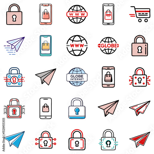 Flat outline icons of locks, paper planes and web shop elements. 25 symbols for internet safety, communication and mobile shopping. Concept: cybersecurity, messaging, e-commerce,  online privacy