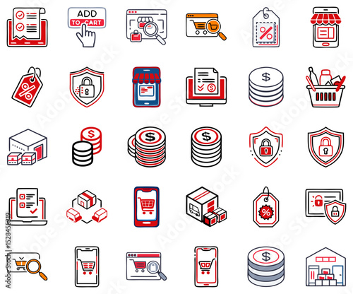 Flat outlined e-commerce icons showing carts, money, price tags, and secure checkout. Red, black and gray design on white background. Use in fintech, delivery apps, and retail UI/UX.Set of 30 symbols 
