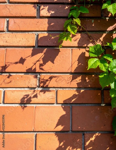 Red Brick Wall With Climbing Vine and Shadows