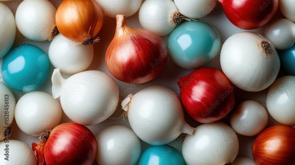 Obraz premium An artistic arrangement of various onions and colorful marbles creates a stunning visual display, celebrating the beauty of everyday objects and their vibrant textures in harmony.