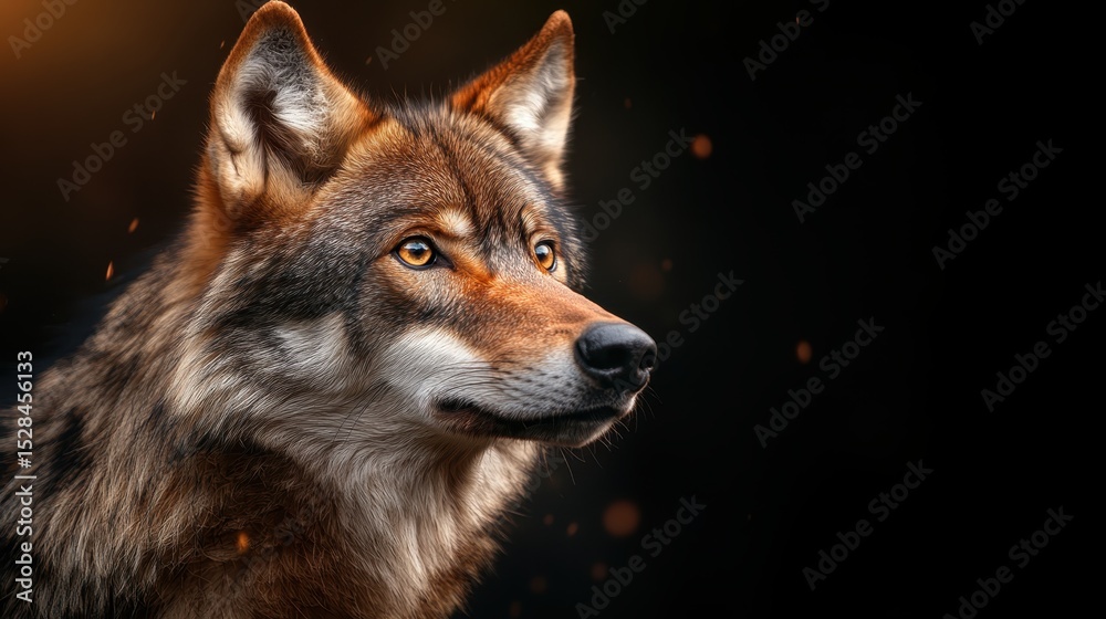 Fototapeta premium A striking portrait of a majestic wolf, with piercing eyes and detailed fur, set against a dark backdrop, radiating strength and wild beauty in a captivating and artistic way.