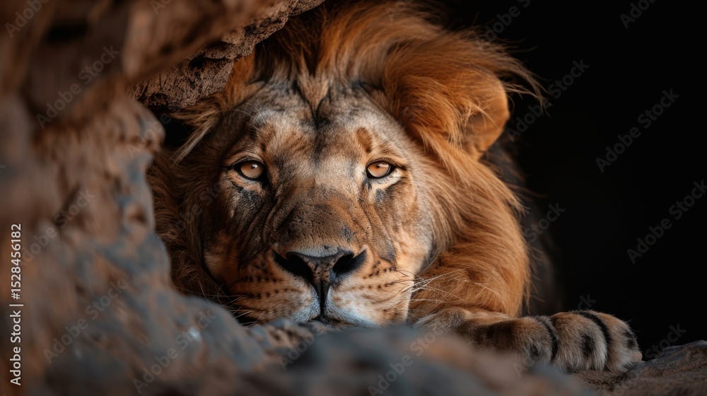 Naklejka premium A majestic lion reclined peacefully in his habitat, eyes observing intently, capturing the essence of strength, kingship, and serenity in wildlife photography with an intimate perspective.