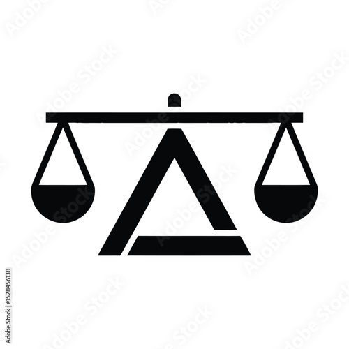 A black and white illustration of a balance scale, with a triangle design element.
