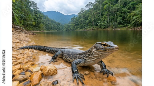 Lizard by a serene lake in a lush forest