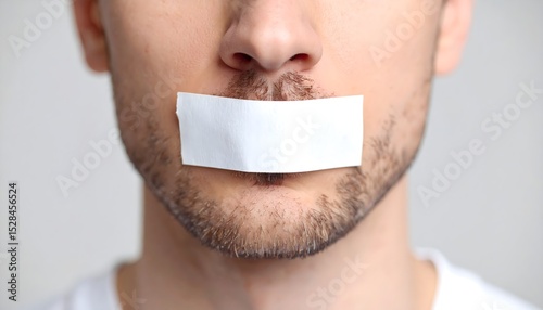 Man with his mouth closed with white sticky tape. Silence and abuse concept