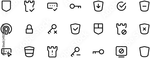 Black vector icons of shield and key for web design, simple shapes on white background with space around, SVG and PNG formats available
