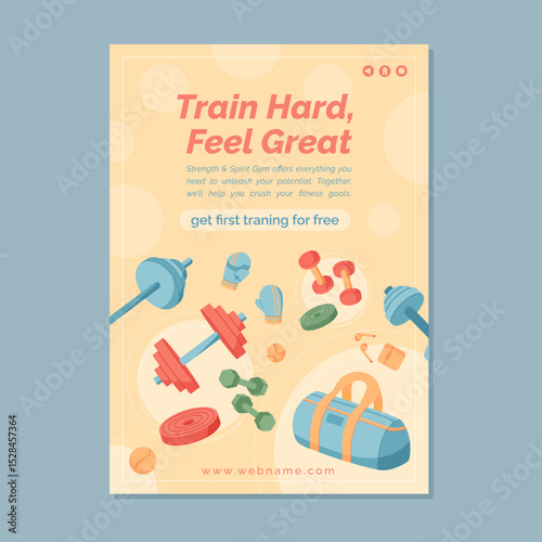 Colorful banner design with gym equipment. Dumbbell, weight, barbell, and workout tools highlight training and fitness lifestyle. Perfect for sport promotions background templates.