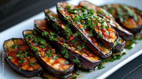 A sensational dish featuring grilled eggplant slices garnished with fresh herbs and a savory sauce, making it a perfect centerpiece for an elegant dinner table.