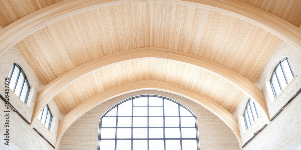 Obraz premium Arched wooden ceiling with large arched windows, creating a bright and spacious interior. Architectural design, modern interior, natural light, elegance