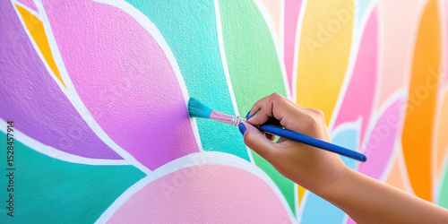 A hand is painting a vibrant mural with a brush, featuring colorful petal-like shapes. Art, creativity, colorful design, mural painting