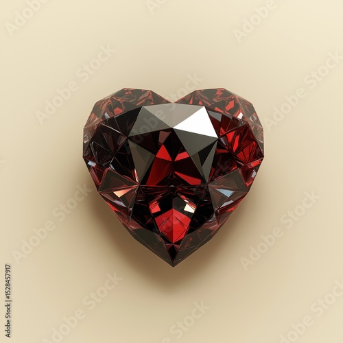 A striking 3D rendered image of a faceted heart-shaped diamond or gemstone in shades of red and black, set against a smooth, neutral background.