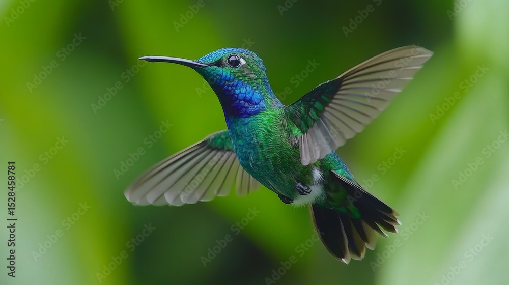 Fototapeta premium Vibrant hummingbird in flight, showcasing iridescent plumage.