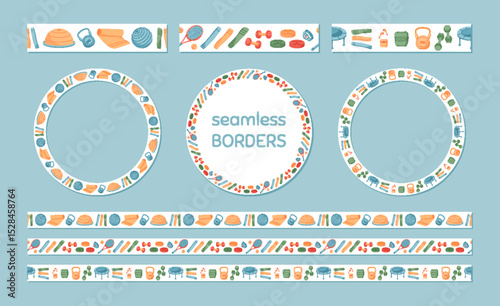 Colorful seamless border design in flat style with sport equipment and workout accessories pattern. Gym and fitness themed pattern ideal for exercise backgrounds, training frame art, or banner design.