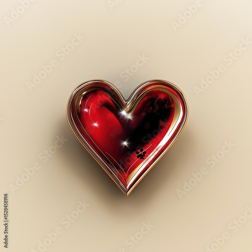 A glossy, three-dimensional rendering of a red heart shape, resembling a card suit, with golden metallic edges and subtle internal reflections, set against a neutral background.