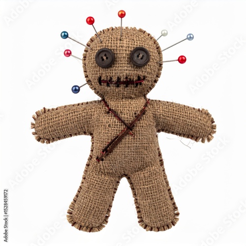 Burlap Voodoo Doll with Pins and Buttons on White Background photo