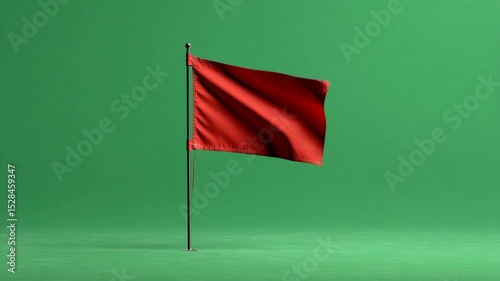 Realistic waving red flag isolated on green chromakey background for alerts or warning animations