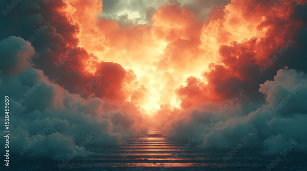 Fototapeta premium Stairway to Heaven Dramatic Cloudscape with Fiery Sunset and Steps Leading Upward