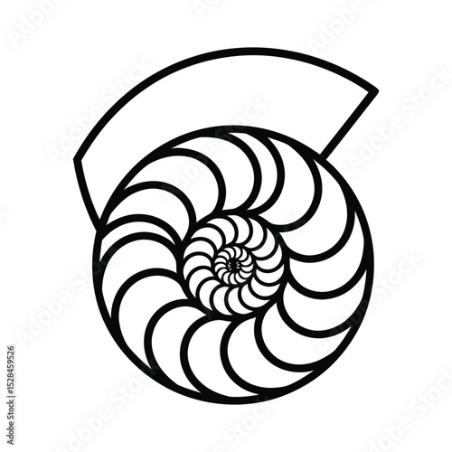 Black and white graphic illustration of a nautilus shell with perfect spiral.