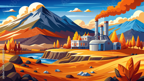 Geothermal plant steaming, mountain backdrop, autumnal landscape, energy production Very beautiful