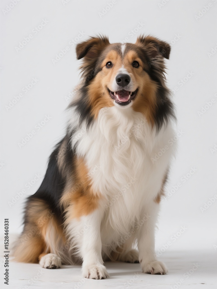 Fototapeta premium A Shetland sheepdog sitting, happy expression, white background, full-body shot, professional photography style, studio lighting