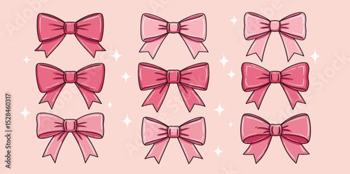Vector set of cute coquette bows. Pastel pink and red ribbons line art drawings. Hand drawn silk tape accessory. 
