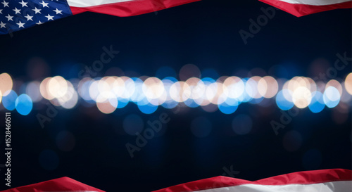 Mob Blurred night lights with a red-white flag ribbon overlay – minimalist patriotic American background for celebrations like Independence Day or Memorial Day themes.