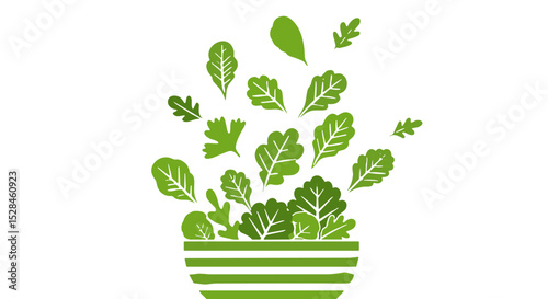Minimal green salad bowl with leafy vegetables on white background, healthy vegan food symbol illustration