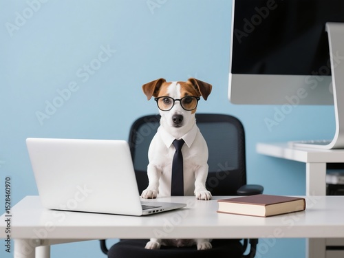 A cute Jack Russell terrier dog sitting at an office desk, wearing glasses and working on the computer.
