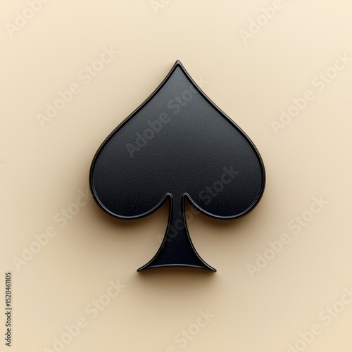 A single, volumetric black spade card suit symbol with a slight raised edge, set against a smooth, light beige background, creating a minimalist and elegant design.