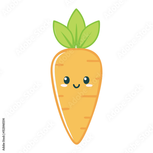 A cheerful carrot with a happy expression and vibrant green leaves. The image evokes feelings of health and happiness, perfect for promoting wholesome eating.