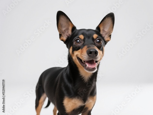 A cute black and brown miniature pinscher dog standing on a white background, with a happy facial expression.