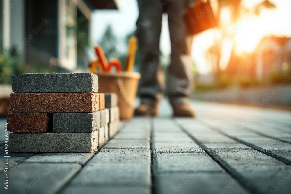 Close-up of stacked paving stones on a freshly laid patio, worker in the background with tools ready to set next pavers, building, construction, do it yourself. Close-up of stacked paving stones on a freshly laid patio, worker in the background with tools ready to set next pavers, building, construction, do it yourself.