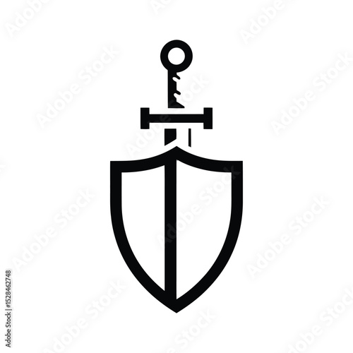 A minimalist black and white illustration featuring a sword piercing a shield.