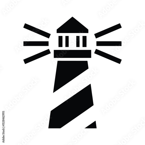 Black and white graphic of a lighthouse with visible light beams emanating from the top.